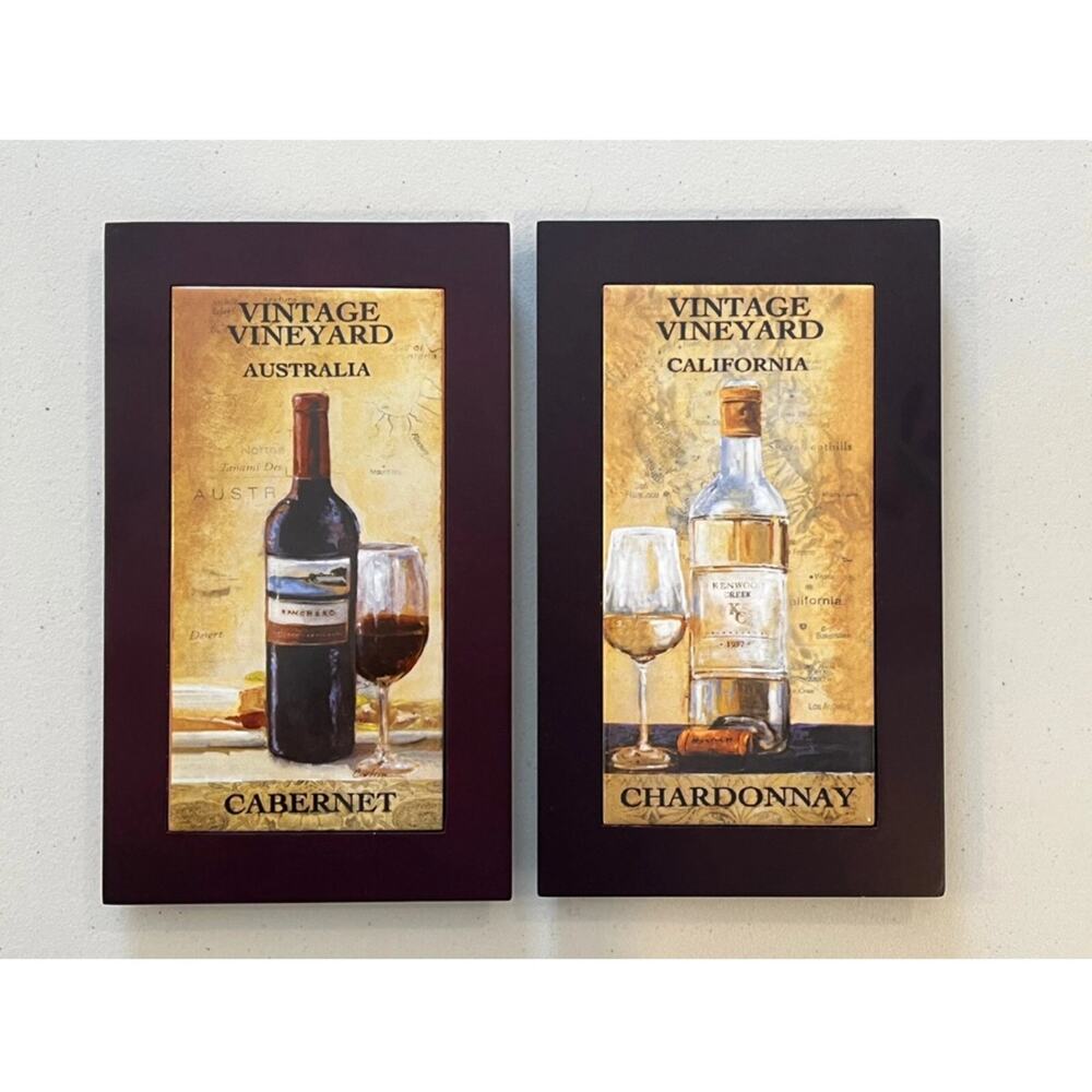 2- Vintage Vineyard Wine Plaques Cherry Wood Wall